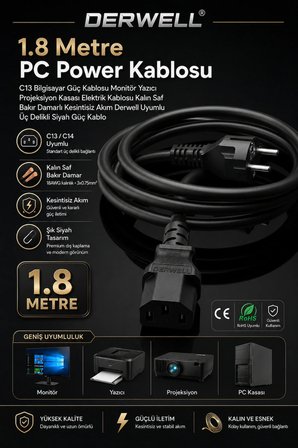 1.8 Metre PC Power Kablosu C13 Bilgisayar Güç Kablosu Monitör Yazıcı Projeksiyon Kasası Elektrik Kablosu Kalın Saf Bakır Damarlı Kesintisiz Akım Uyumlu Üç Delikli Siyah Güç Kablo