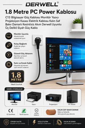 1.8 Metre PC Power Kablosu C13 Bilgisayar Güç Kablosu Monitör Yazıcı Projeksiyon Kasası Elektrik Kablosu Kalın Saf Bakır Damarlı Kesintisiz Akım Uyumlu Üç Delikli Siyah Güç Kablo