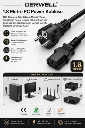 1.8 Metre PC Power Kablosu C13 Bilgisayar Güç Kablosu Monitör Yazıcı Projeksiyon Kasası Elektrik Kablosu Kalın Saf Bakır Damarlı Kesintisiz Akım Uyumlu Üç Delikli Siyah Güç Kablo