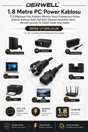 1.8 Metre PC Power Kablosu C13 Bilgisayar Güç Kablosu Monitör Yazıcı Projeksiyon Kasası Elektrik Kablosu Kalın Saf Bakır Damarlı Kesintisiz Akım Uyumlu Üç Delikli Siyah Güç Kablo
