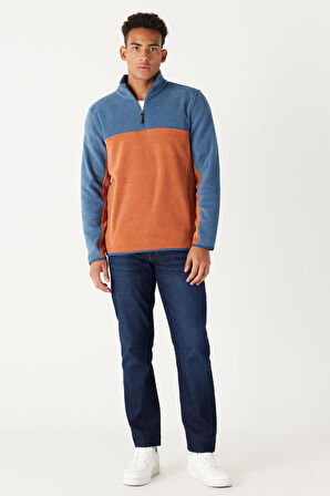Erkek Indıgo-kıremıt Standart Fit Normal Kesim Günlük Rahat Çift Renkli Polar Spor Sweatshirt