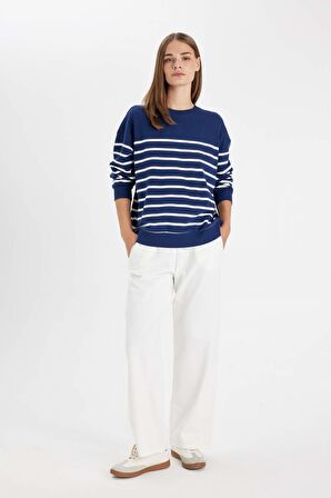 DeFacto Relax Fit Bisiklet Yaka Çizgili İnce Basic Sweatshirt A9255AX24WNNV42