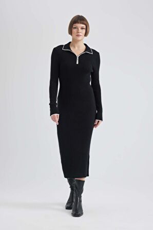 DeFacto Regular Fit Polo Yaka Yarım Fermuarlı Basic Düz Uzun Kollu Maxi Triko Elbise C1493AX24SPBK27