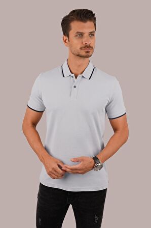 Gri Lacivert Yaka Çizgili Polo Tişört