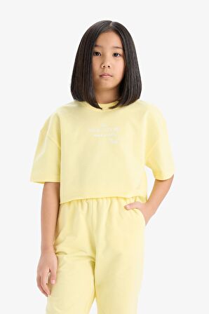 DeFacto Kız Çocuk 2'li Takım Bisiklet Yaka Baskılı Kısa Kollu Tişört Beli Paçası Lastikli Eşofman Altı Z8983A625SMYL236