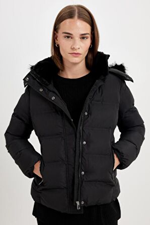 DeFacto Su İtici Puffer Şişme Mont Kapüşonlu Fermuar Çıtçıt Kapmalı Cepli C9523AX24WNBK27