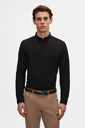 Ds Damat Slim Fit Siyah Oxford Düğmeli Yaka Kolay Ütülenebilir Nakış Detaylı Pamuklu Gömlek 4HC02ORT03265 4HC02ORT03265