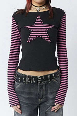 Köstebek Siyah Raglan Pembe Star Uzun Kollu Crop