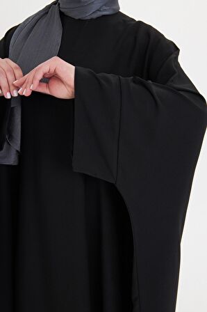 Siyah Yarasa Kol Oversize Medine İpeği Arkası Düğmeli Düz Elbise 4001_01