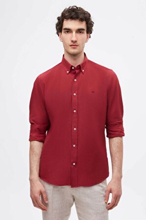 Ds Damat Slim Fit Bordo Oxford Düğmeli Yaka Kolay Ütülenebilir Nakış Detaylı Pamuklu Gömlek 4HC02ORT03265 4HC02ORT03265
