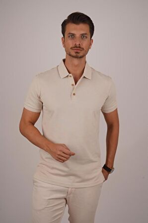 Bej Yaka Desenli Erkek Polo Tişört
