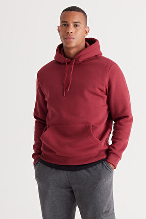 Erkek Bordo Standart Fit Içi Polarlı 3 Iplik Kapüşonlu Kanguru Cepli Pamuklu Sweatshirt