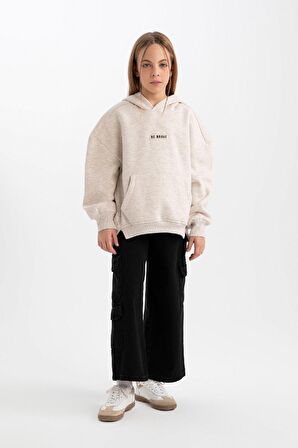 DeFacto Kız Çocuk Oversize Geniş Kalıp Kapüşonlu Baskılı İçi Yumuşak Tüylü Kalın Sweatshirt D6185A824WNBG588