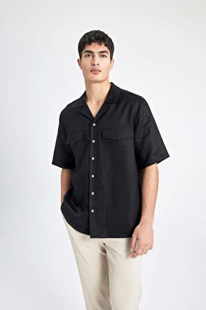DeFacto %100 Keten Relax Fit Polo Yaka Yazlık Basic Düz Kısa Kollu Siyah Gömlek B6687AX24SPBK27