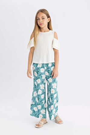 DeFacto Kız Çocuk Wide Leg Geniş Bol Paça Çiçekli Beli Lastikli Bürümcük Pantolon C5373A824SMGN1242