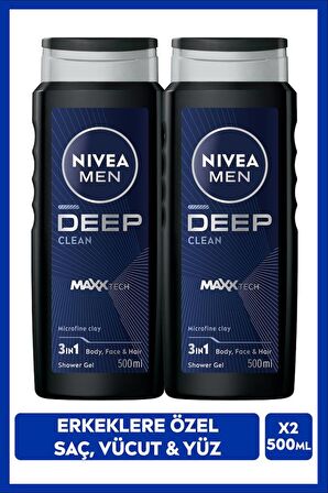 NIVEA MEN Erkek Deep Dimension Duş Jeli 500ml, 3ü1 Arada Komple Bakım, Vücut Saç Yüz, Erkeksi Koku, X2 Adet