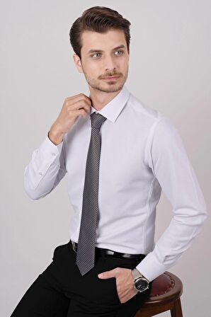 Gömlek Kravat Seti ( sunda Siyah Gri Desenli Kravat & Beyaz Armür Slimfit Gömlek)