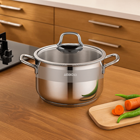 Amboss Saphire Paslanmaz Çelik 24 cm Cam Kapaklı Derin Tencere