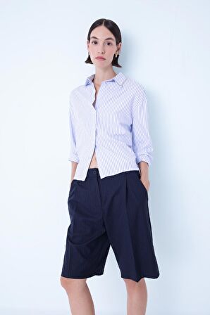 DeFacto Oversize Geniş Kalıp Çizgili Düğmeli Oxford Uzun Kollu Gömlek D4513AX24AUBE503