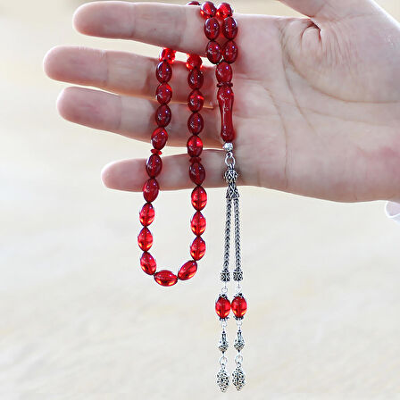 925 Ayar Gümüş Çift Püsküllü Arpa Kesim Bayrak Kırmızı Ateş Kehribar Tesbih