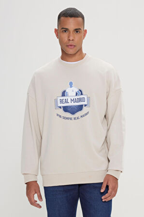 Oversize Fit Bol Kesim Real Madrid Lisanslı Pamuklu Bisiklet Yaka Sweatshirt