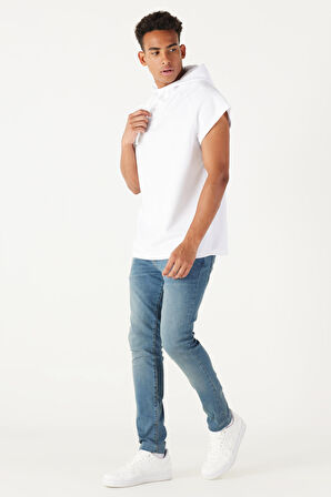 Erkek Beyaz Long Fit Kapüşonlu Kolsuz Sweatshirt