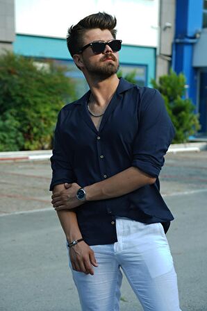 Lacivert Keten Apaj Yaka Relax Fit Erkek Gömlek