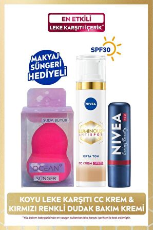 Nivea Luminous630 Leke Karşıtı CC Krem SPF30 40ml, Orta Ton, Kırmızı Dudak Bakım Kremi, Sünger Hediye