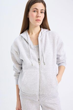 Relax Fit Kapüşonlu Cepli Basic Düz Fermuarlı Sweatshirt