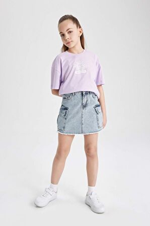 DeFacto Kız Çocuk Relax Fit Bisiklet Yaka Baskılı 2'li Kısa Kollu Tişört B6703A824SMPR67