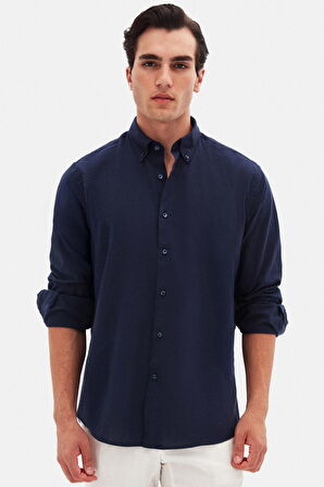 D'S Damat Ds Damat Comfort Lacivert Düğmeli Yaka Rahat Kesim Keten Görünümlü  Pamuk Gömlek 2HC02ORT64265