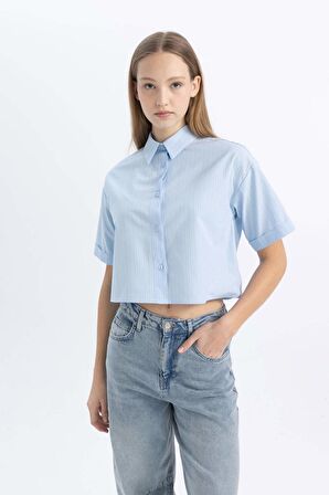 DeFacto Coool Oversize Fit Çizgili Kısa Kollu Poplin Gömlek C0740AX24SMBE759