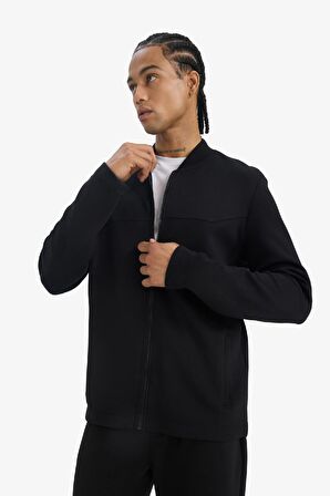 DeFactoFit Slim Fit Dar Kesim Kolej Yaka Skuba Dalgıç Kumaş Bomber Hırka F0877AX25SPBK81