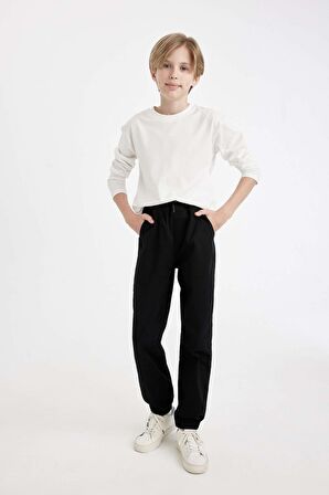 DeFacto Erkek Çocuk Beli Bağcıklı Lastikli Paça Cepli Basic Düz Siyah Jogger Gabardin Pantolon A9395A824WNBK81