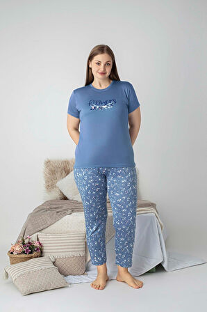 Kadın Bisiklet Yaka Düğmesiz Battal Kesim Viskon Yazlık Kısa Kol Büyük Beden Pijama Takımı