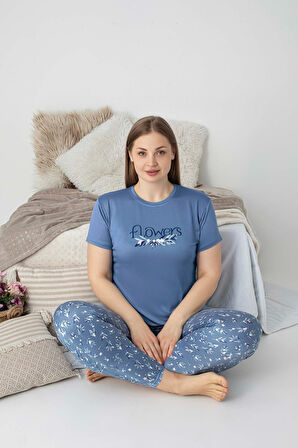 Kadın Bisiklet Yaka Düğmesiz Battal Kesim Viskon Yazlık Kısa Kol Büyük Beden Pijama Takımı