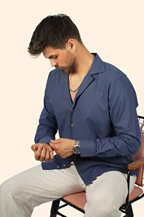 indigo Keten Apaj Yaka Relax Fit Erkek Gömlek