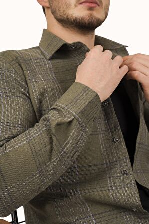 Haki Çizgili Slimfit Oduncu Gömlek