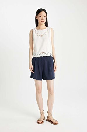 DeFacto Regular Fit Yuvarlak Yaka Keten Karışımlı Kolsuz Bluz B5442AX24SMER85