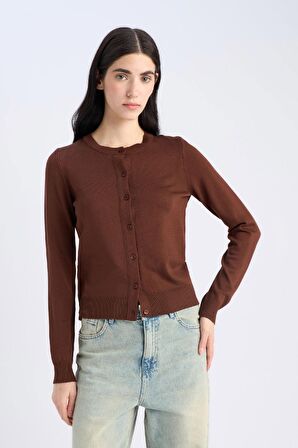 Regular Fit Bisiklet Yaka Basic Düz Triko Hırka