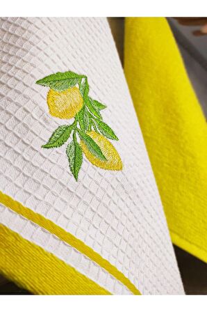 Sevim 2’li Mutfak Havlusu – Sarı Renk & Limon Figürlü Kurulama Bezi - Yumuşak & Nakışlı Havlu Takımı