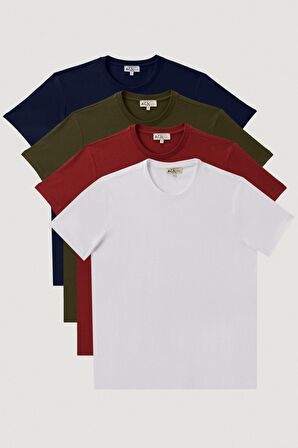 Erkek Hakı-bordo-lacı-beyaz Slim Fit Dar Kesim Bisiklet Yaka %100 Pamuk 4'lü Tişört Paket