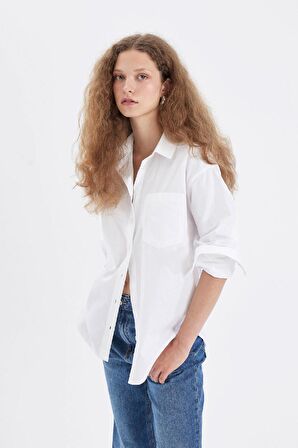 DeFacto Oversize Geniş Kalıp Basic Düz Düğmeli Poplin Uzun Kollu Gömlek U7763AZ24AUWT36