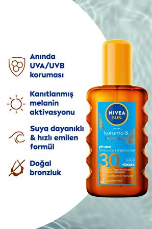 Nivea Sun Çift Etkili Koruma ve Bronzluk Güneş Spreyi 200ml, SPF30, Doğal Bronzluk, Suya Dayanıklı