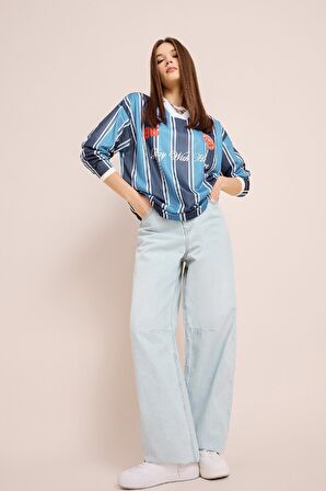 DeFacto Coool Oversize Geniş Kalıp Polo Yaka Baskılı Forma Kumaşı Uzun Kollu Tişört E5373AX25SPNV241