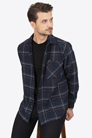 Lacivert Mavi Çizgili Oversize Kalın Oduncu Gömlek