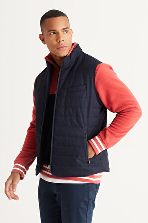 Erkek Lacivert Standart Fit Normal Kesim Dik Yaka Pamuklu Diagonal Desenli Yelek