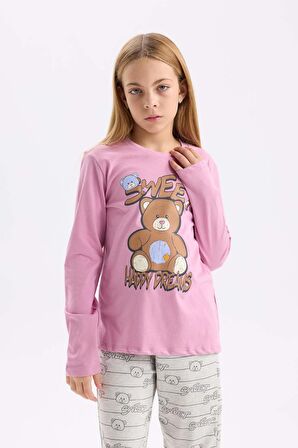 DeFacto Kız Çocuk Pijama Takım Ayıcık Baskılı Uzun Kollu Üst Beli Lastikli Desenli Uzun Alt D2108A824AUBR82