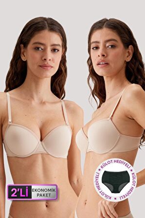 2'li Ekonomik Paket Ten-ten 6015 Milan Push Up Dolgulu Micro T-shirt Sütyen Seti Slip Hediyeli