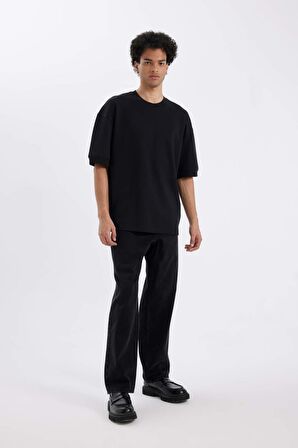 DeFacto Loose Fit Bisiklet Yaka Kısa Kollu Ağır Kumaş Basic Düz Siyah Tişört B4844AX24AUBK81